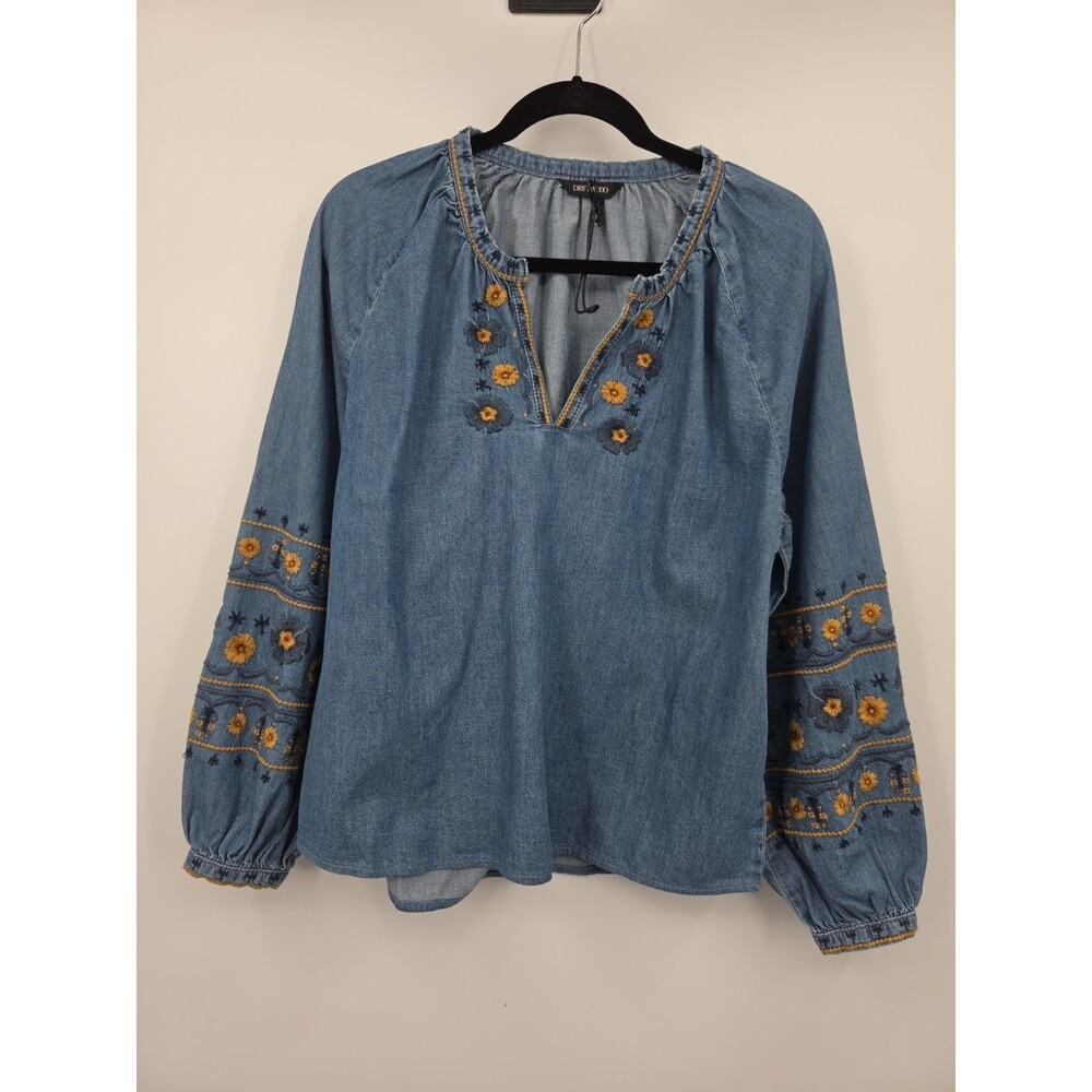 Driftwood Chambray Embroidered Boho Shirt Sz S Bohemian Indie